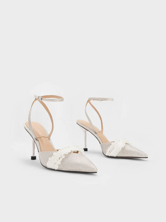 CHARLES & KEITH Leda Beaded Glittered Ankle-Strap Pumps - Silver