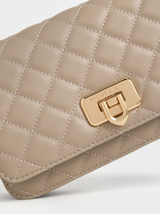 CHARLES & KEITH Cressida Quilted Push-Lock Clutch - Taupe