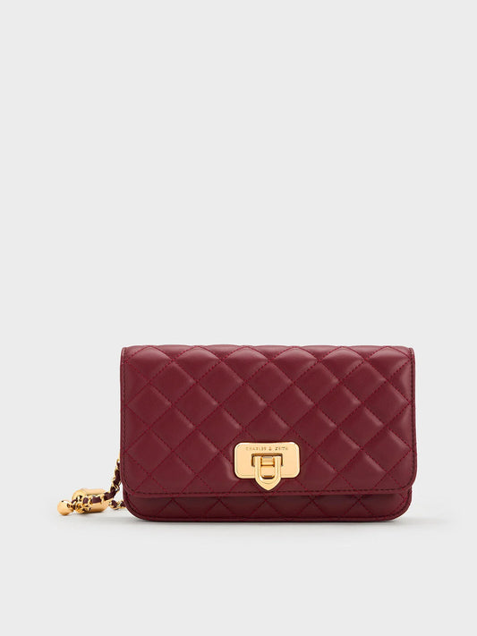 CHARLES & KEITH Cressida Quilted Push-Lock Clutch - Burgundy