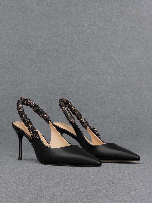 CHARLES & KEITH Leather Ruched Print Slingback Pumps - Black