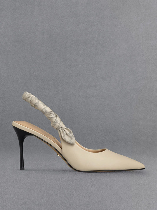 CHARLES & KEITH Leather Ruched Print Slingback Pumps - Chalk