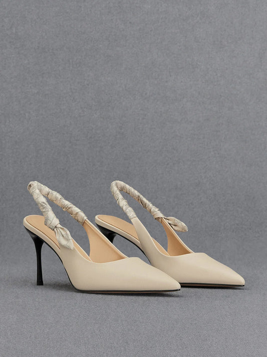 CHARLES & KEITH Leather Ruched Print Slingback Pumps - Chalk