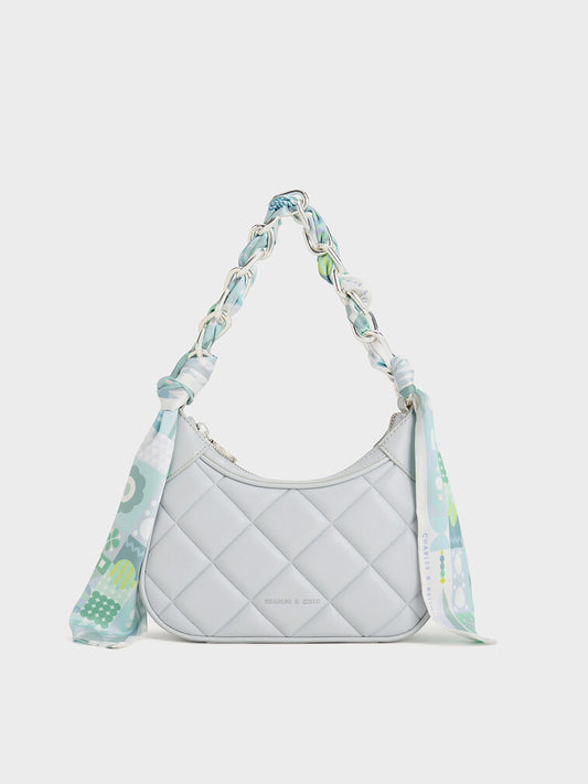 CHARLES & KEITH Mini Alcott Scarf Handle Quilted Bag - Light Grey