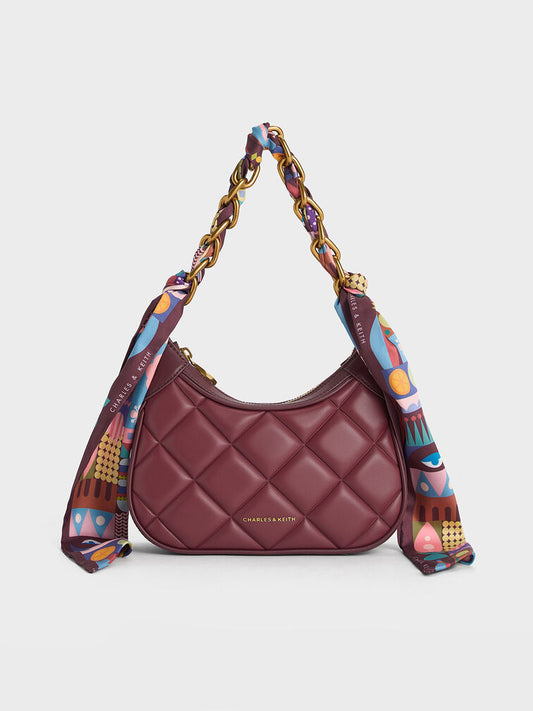 CHARLES & KEITH Mini Alcott Scarf Handle Quilted Bag - Burgundy