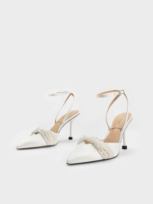 CHARLES & KEITH Leda Beaded Satin Ankle-Strap Pumps - White