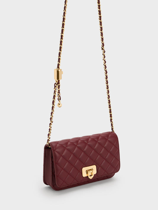 CHARLES & KEITH Cressida Quilted Push-Lock Clutch - Burgundy