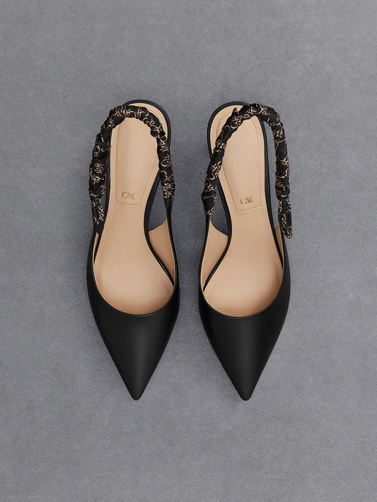 CHARLES & KEITH Leather Ruched Print Slingback Pumps - Black