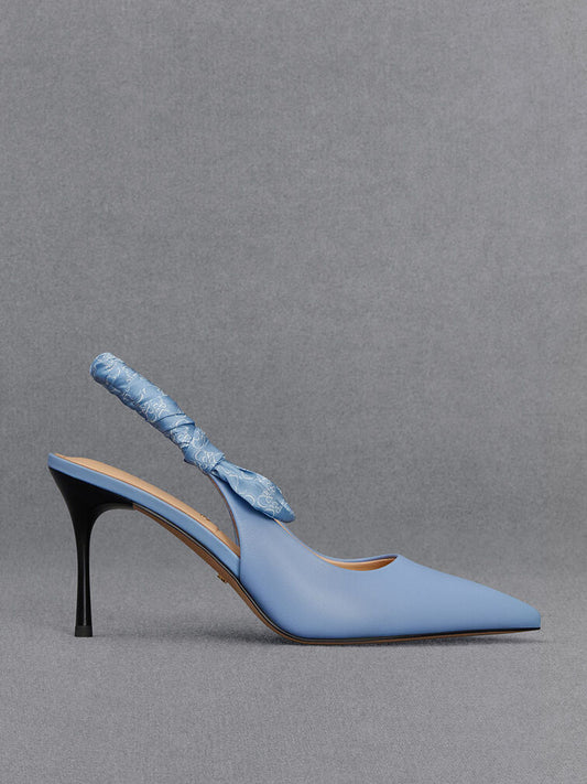 CHARLES & KEITH Leather Ruched Print Slingback Pumps - Light Blue
