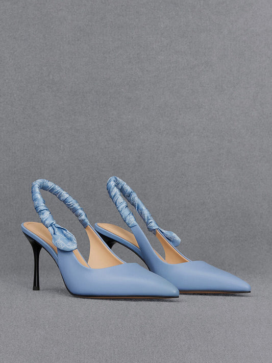 CHARLES & KEITH Leather Ruched Print Slingback Pumps - Light Blue