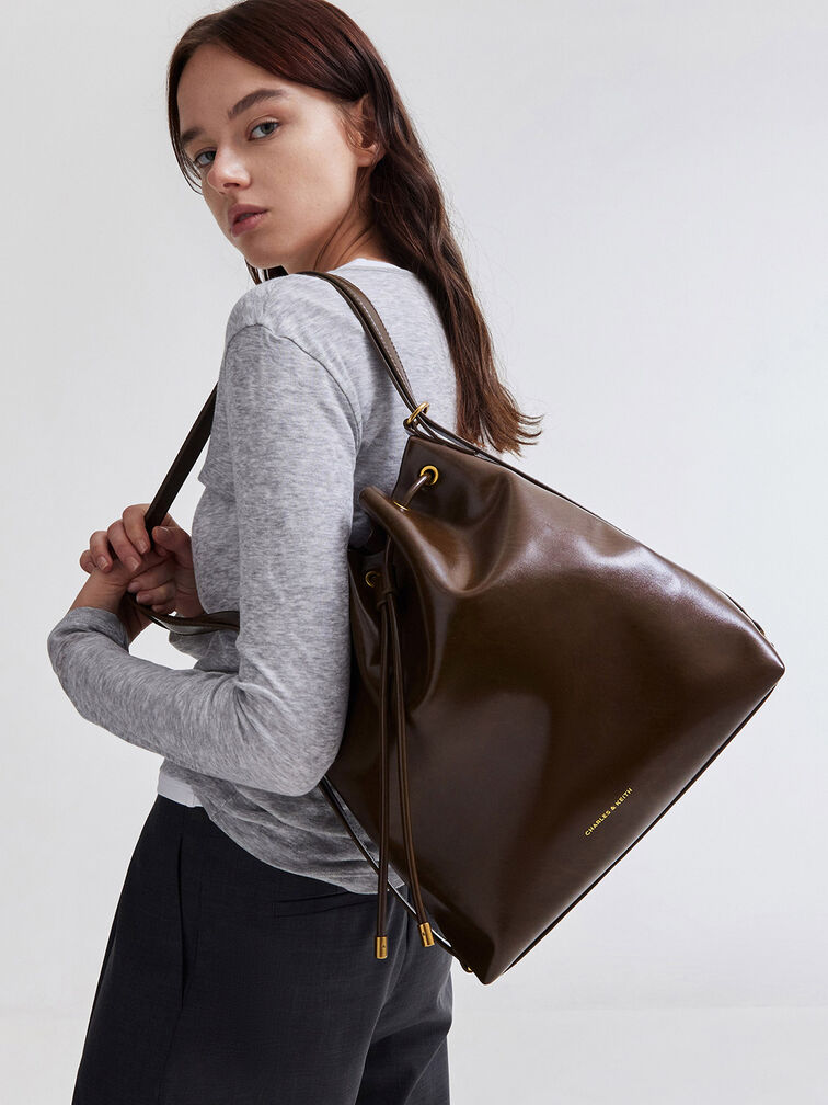 CHARLES KEITH Neva Two Way Bucket Bag Dark Brown BUTIKKO