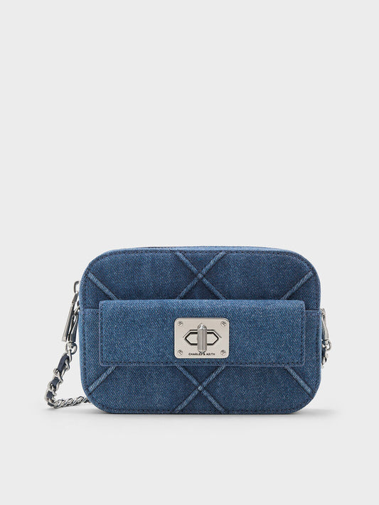 CHARLES & KEITH Eleni Eleni Denim Quilted Zip Crossbody Bag - Denim Blue