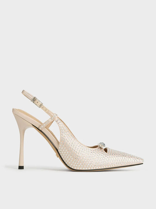 CHARLES & KEITH Recycled Polyester Crystal-Embellished Bow Slingback Pumps - Sand