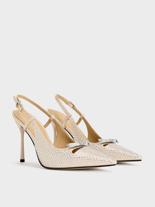 CHARLES & KEITH Recycled Polyester Crystal-Embellished Bow Slingback Pumps - Sand