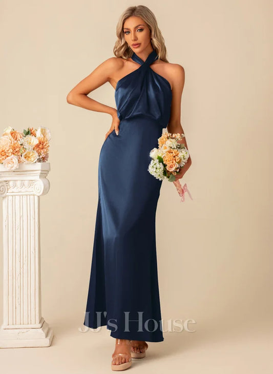 Halter A-line Satin Maxi Dresses-BLUE