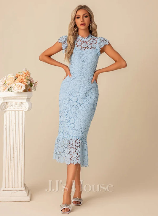 Flower Jacquard High Neck Illusion Sheath/Column Lace Midi Dresses