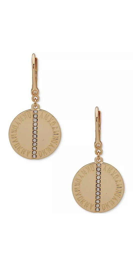 DKNY Gold-Tone Pavé-Stripe Logo Disc Drop Earrings