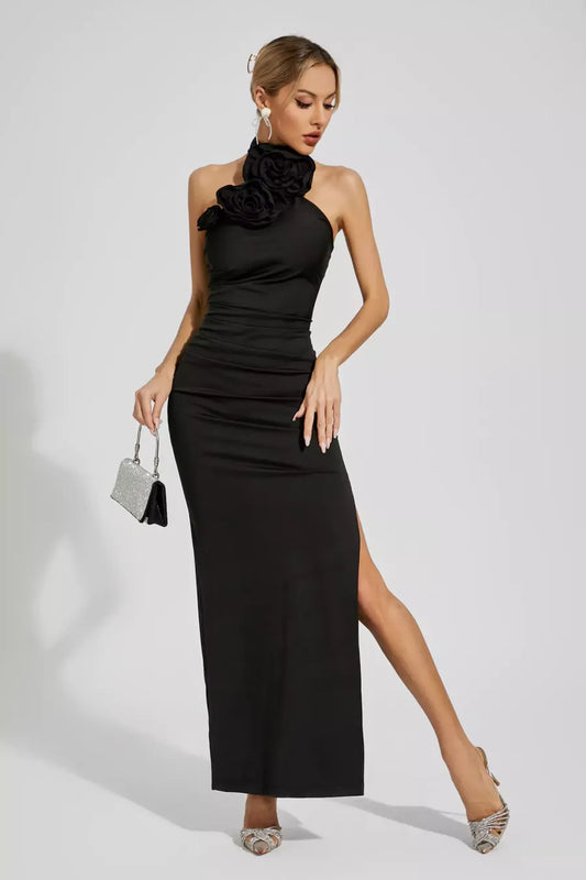 Aylin Black Floral Ruched Halter Maxi Dress