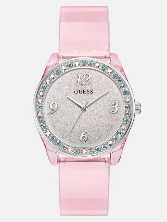 Silver-Tone Crystal and Pink Silicone Analog Watch