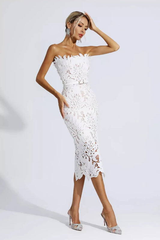 Jazlyn White Floral Lace Midi Dress