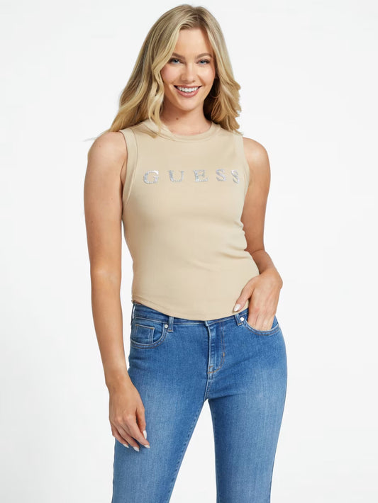 GUESS Eliza Rhinestone Logo Tank - Beige