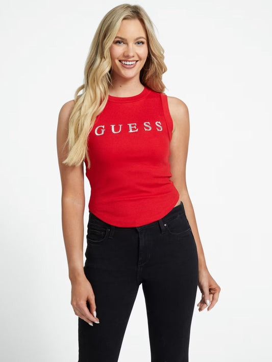 GUESS Eliza Rhinestone Logo Tank - Red