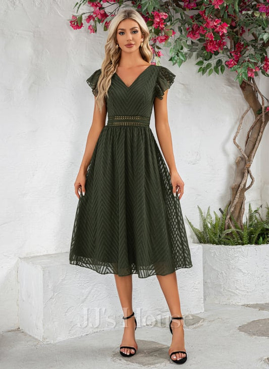 Ruffle Jacquard V-Neck A-line Chiffon Jacquard Midi Dresses